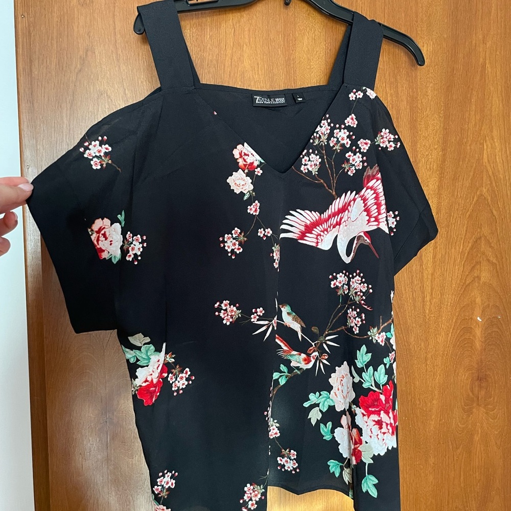 New York and Company black shirt with multicolored flowers. Size L.